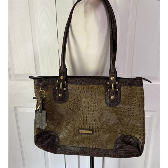 Etienne Aigner Women's Olive Green Croc Embossed Leather Tote Bag - Picture 1 of 16